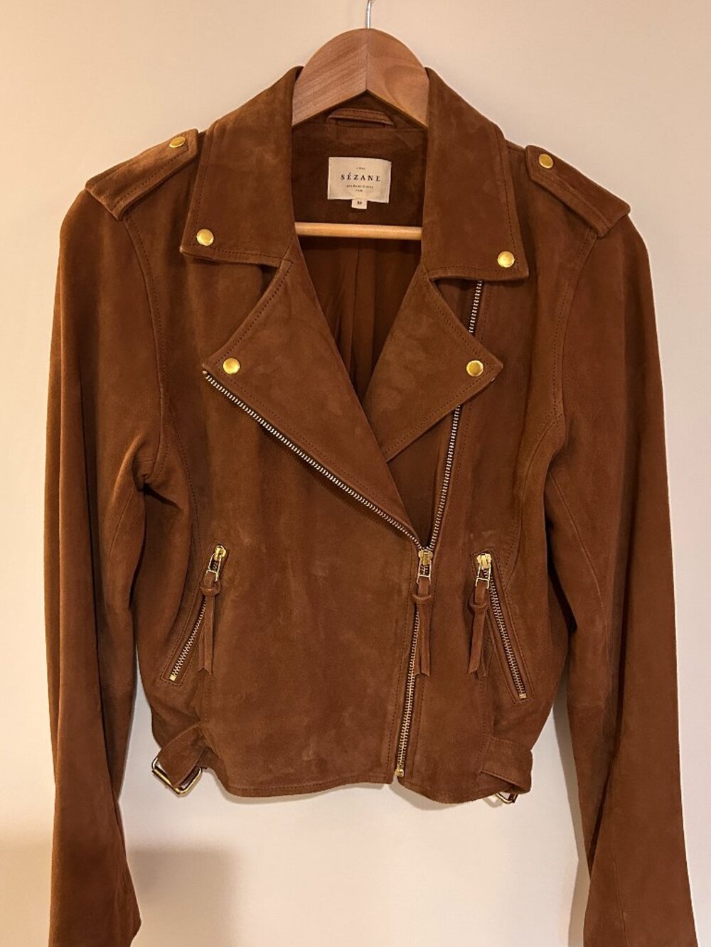 Sezane ZIG Tobacco Suede Moto Jacket SZ38
